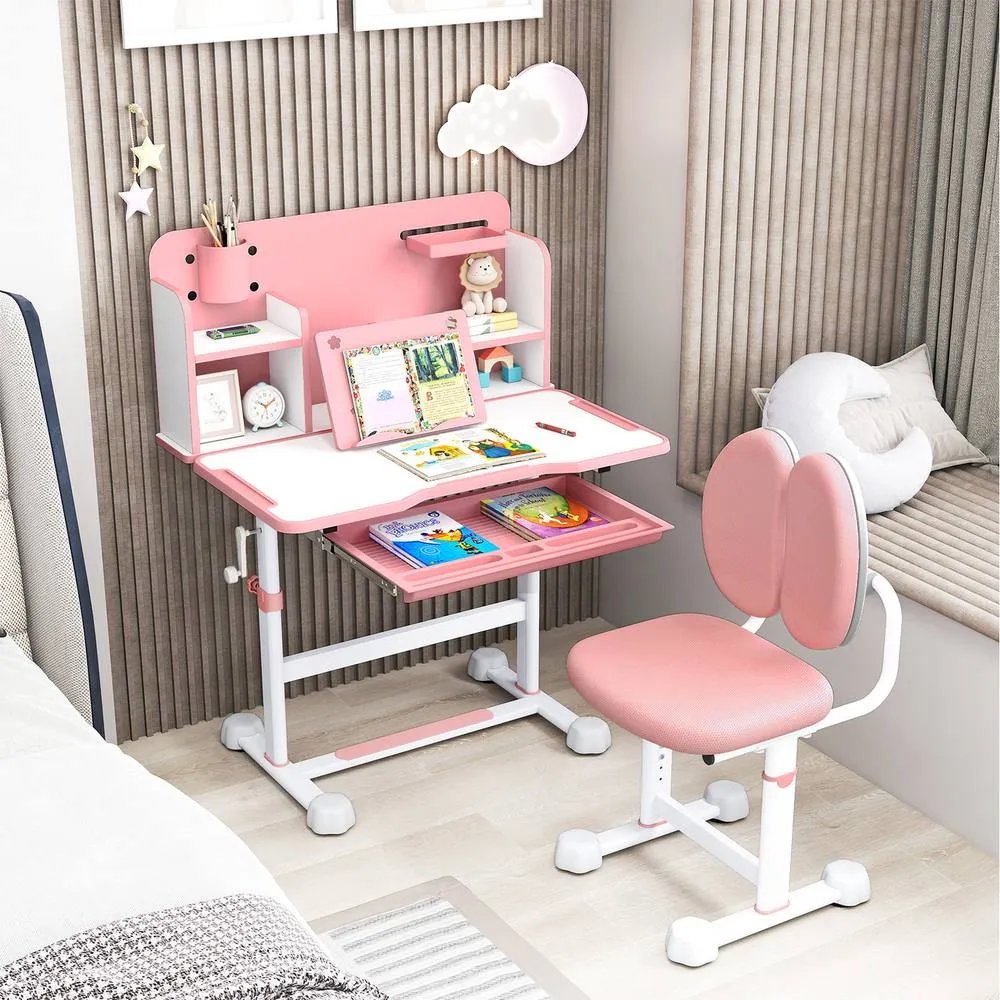 Costway Kid's Study Desk & Chair Set Adjustable Desk-Pink in Pink