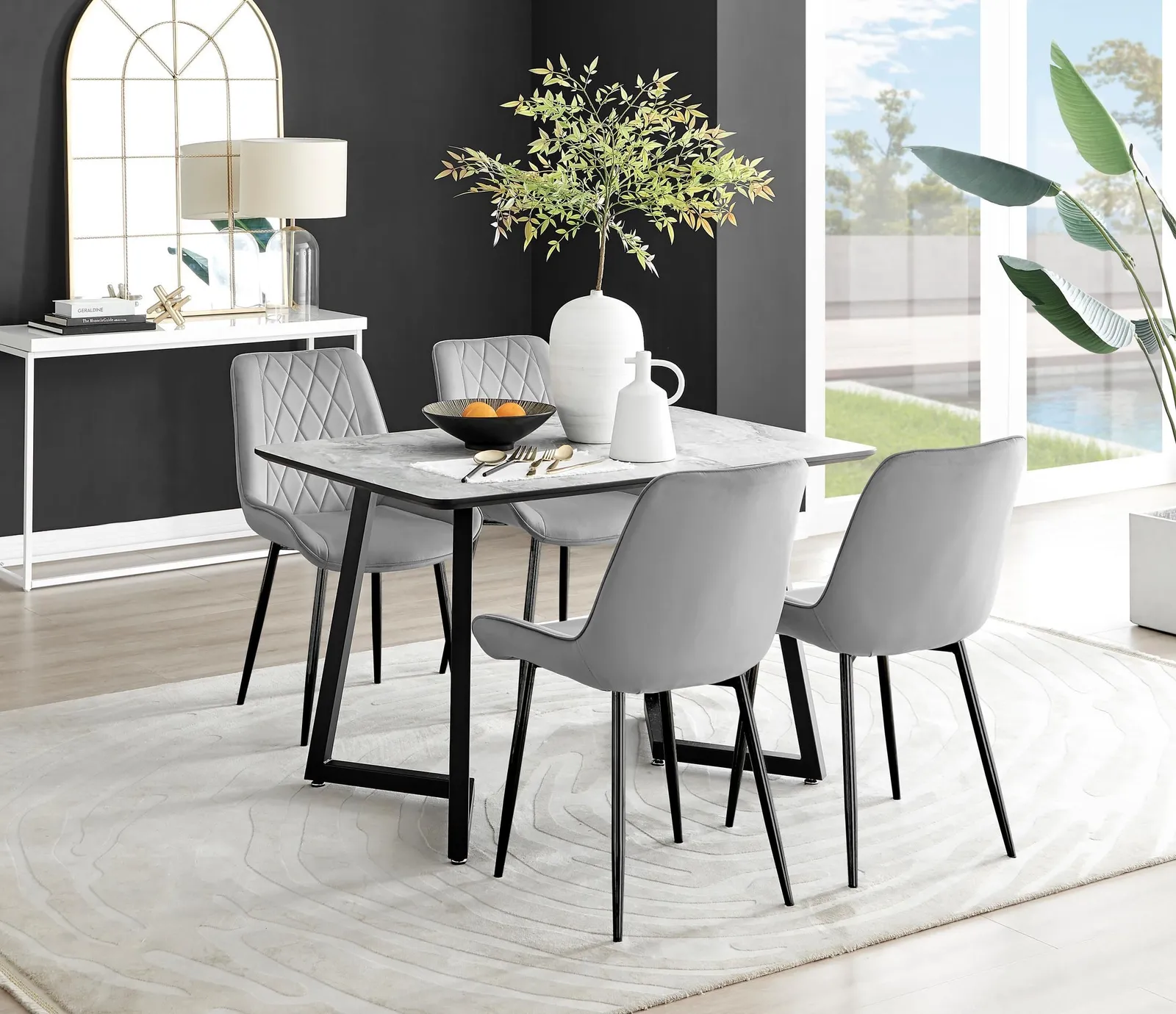 FurnitureboxUK Carson White Marble Effect Dining Table & 4 Pesaro Black Leg Chairs in Grey 1