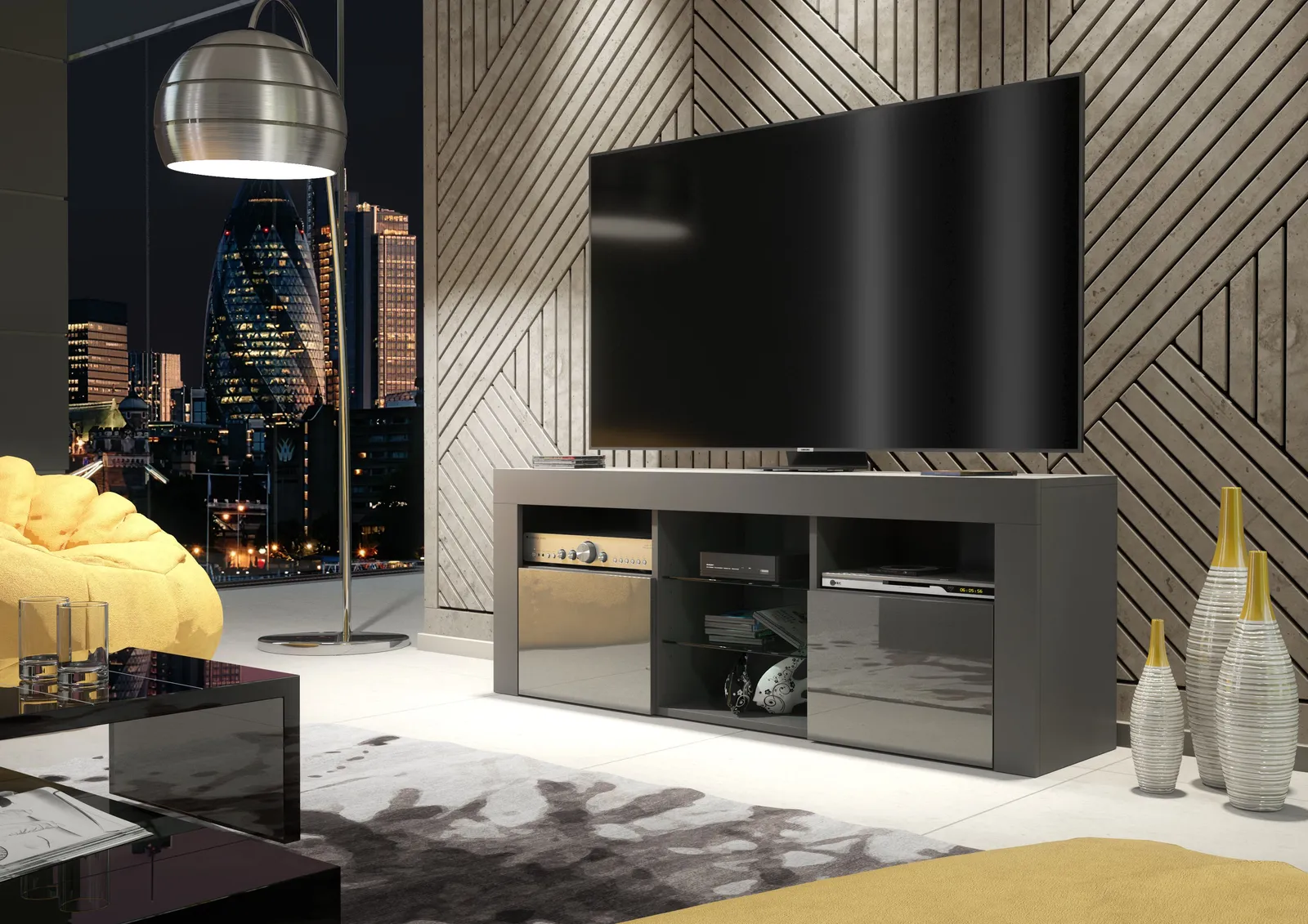 Creative Furniture TV Unit 145cm Modern - Dark Grey with High Gloss Doors 2