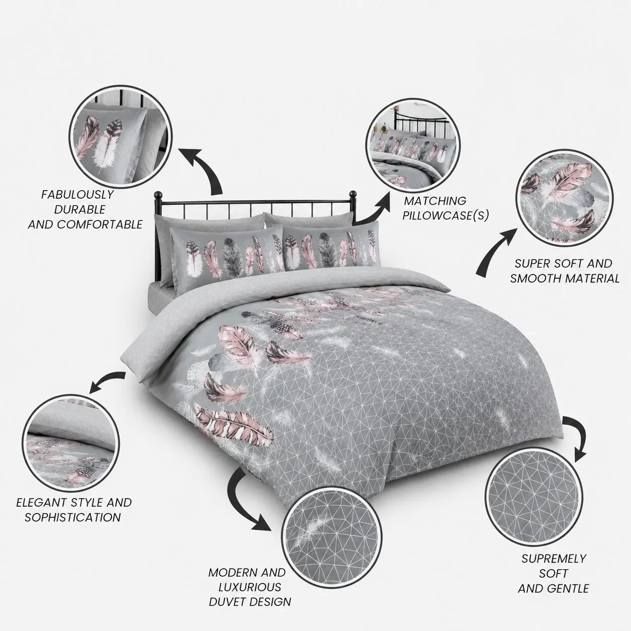 Smart Living Printed Polycotton Feathers Duvet Cover With Pillowcases in Grey 4