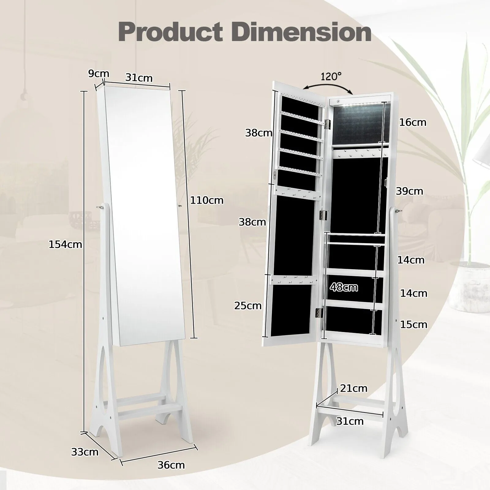 Costway Freestanding Full Length Mirror Jewelry Cabinet w/ Built-in LED in White 5
