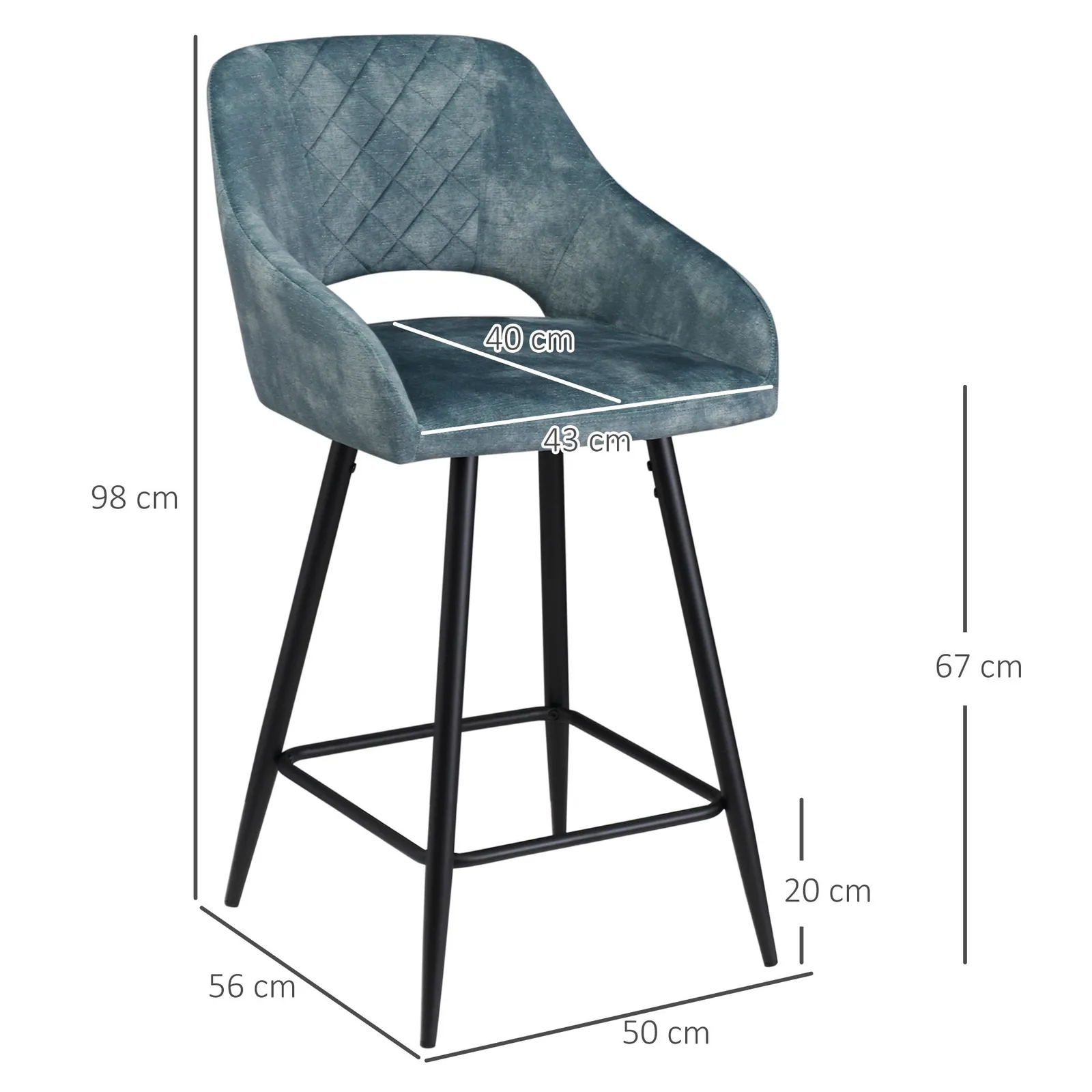 HOMCOM Stools Set of 2, Velvet-Touch Fabric Counter Height Bar Chairs in Blue 3