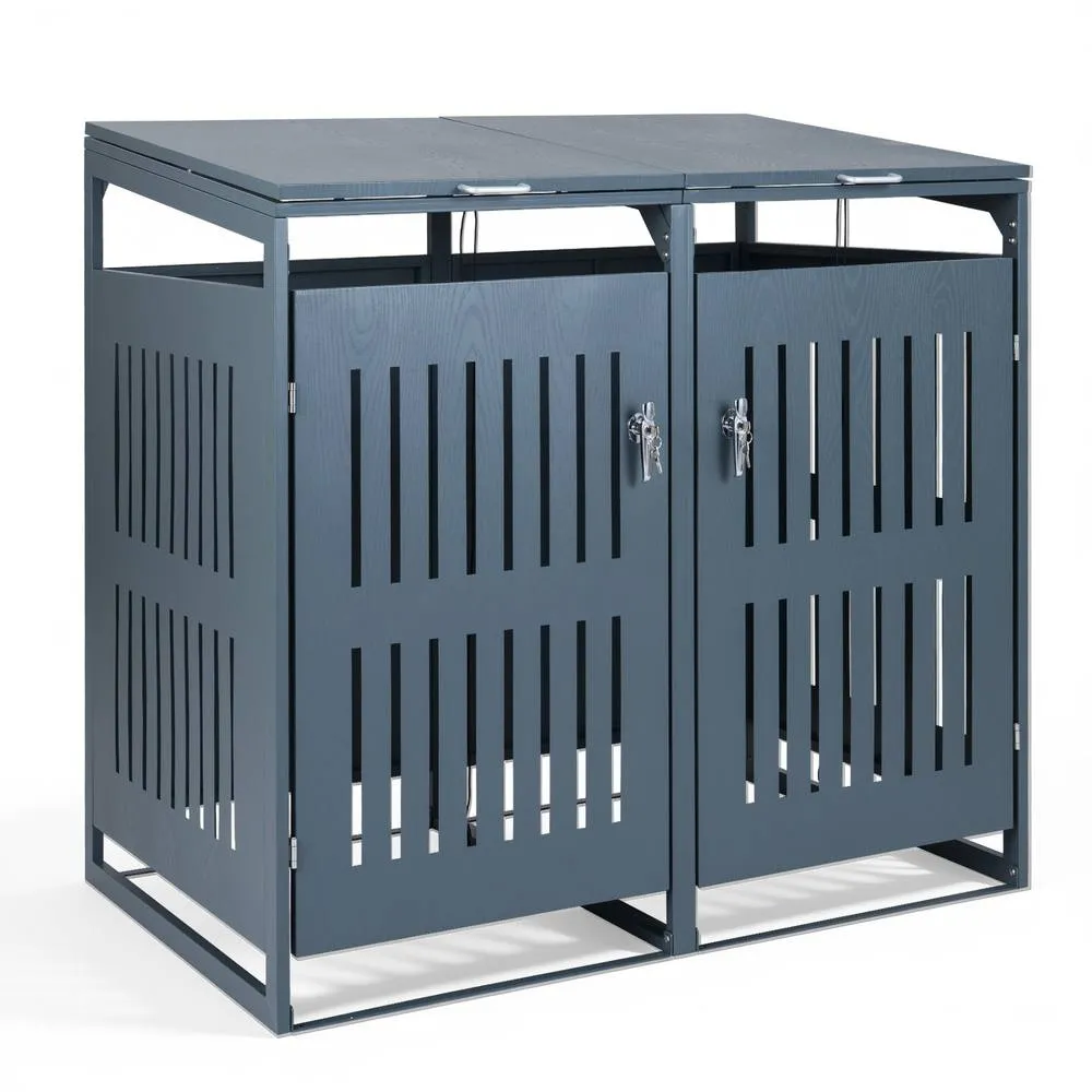 Costway Outdoor Trash Can Storage Shed for 2 Bins Metal Garbage Can Organizer in Grey 6