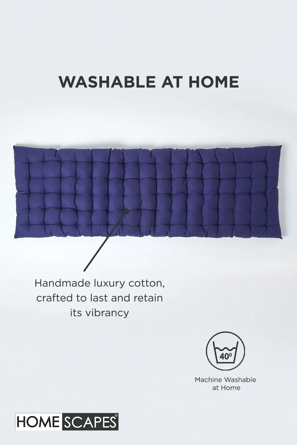 Homescapes Garden Bench Cushion Luxury 2 Seater Cotton Indoor Outdoor Pad, 108 x 42cm in Navy 6