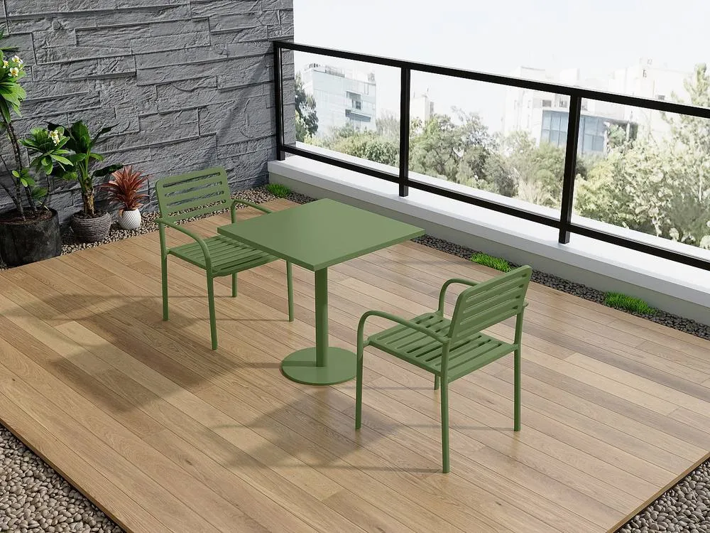Vente-unique Metal Garden Dining Set: A W.70 Cm Table & 2 Stackable Armchairs in Green