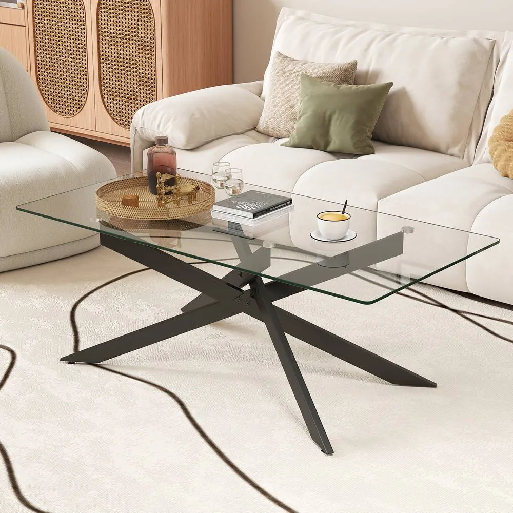 Costway Modern Glass Coffee Table Rectangle Center Cocktail Table Side Table in Black 2
