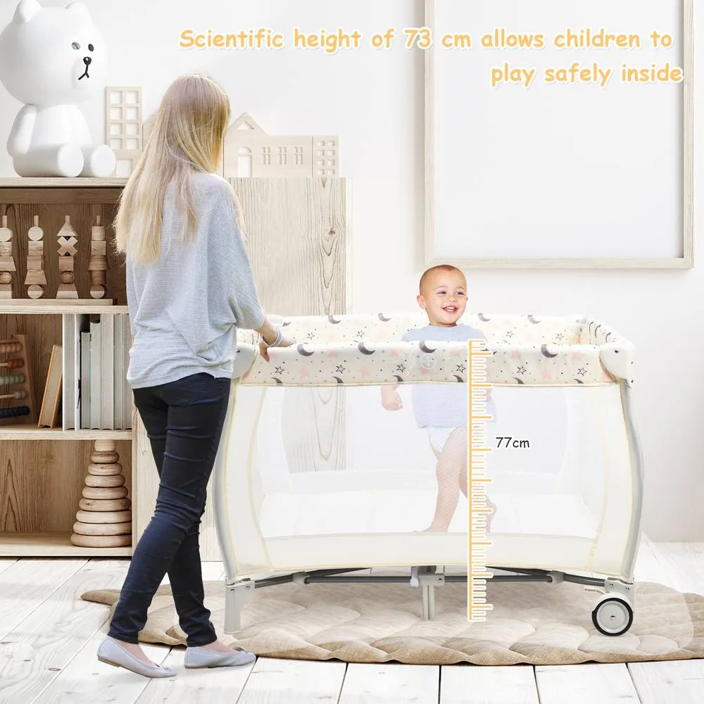 Costway 3 in 1 Travel Cot Foldable Baby Crib Playard w/Bassinet Nursery Center in Beige 5