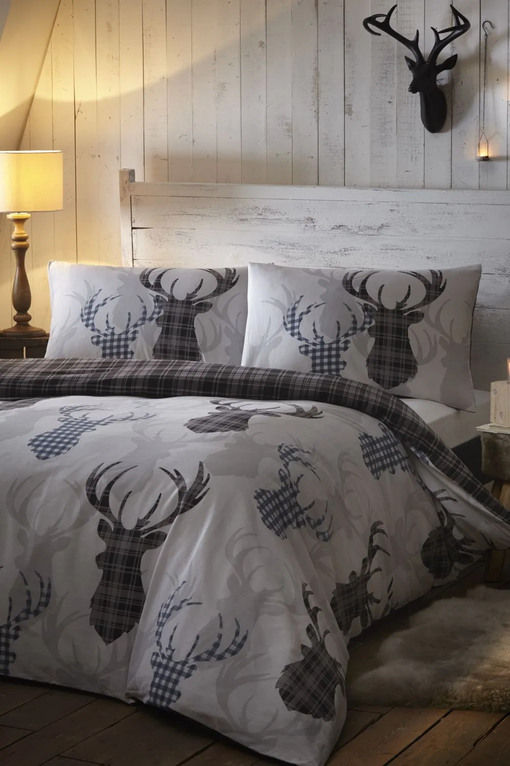Portfolio Home Tartan Stag Print Duvet Cover Set in Grey