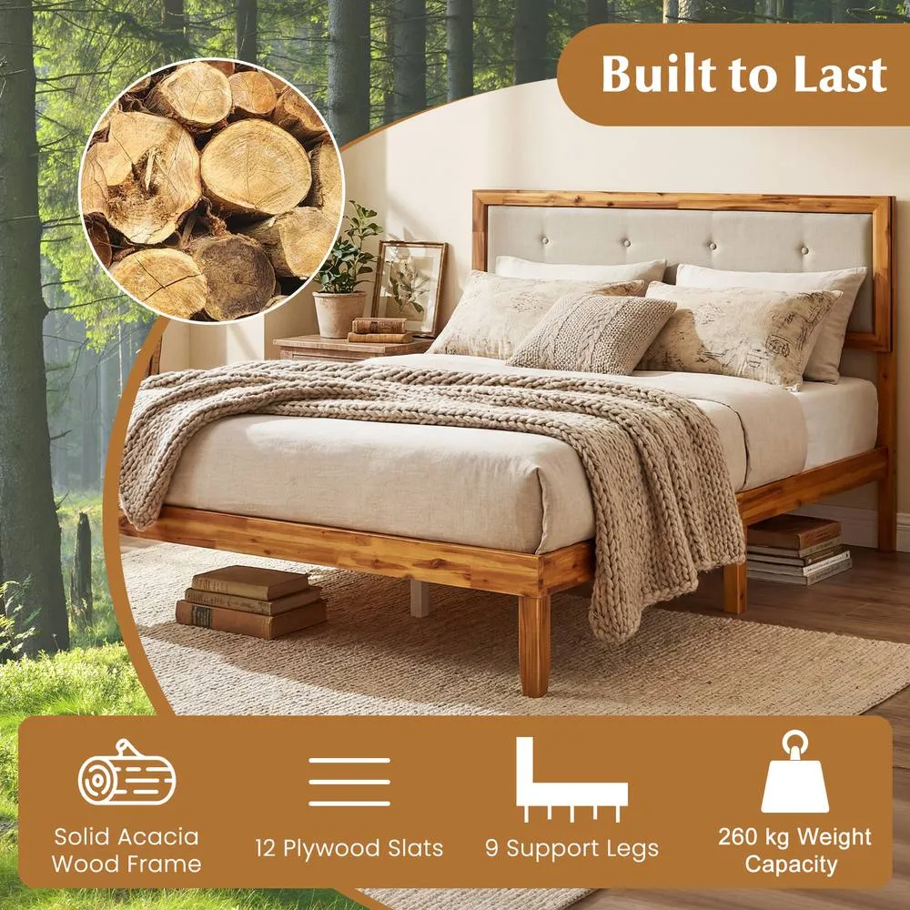 Costway Double Size Bed Frame Acacia Wood Platform Beds w/ Tufted Headboard in Beige 5