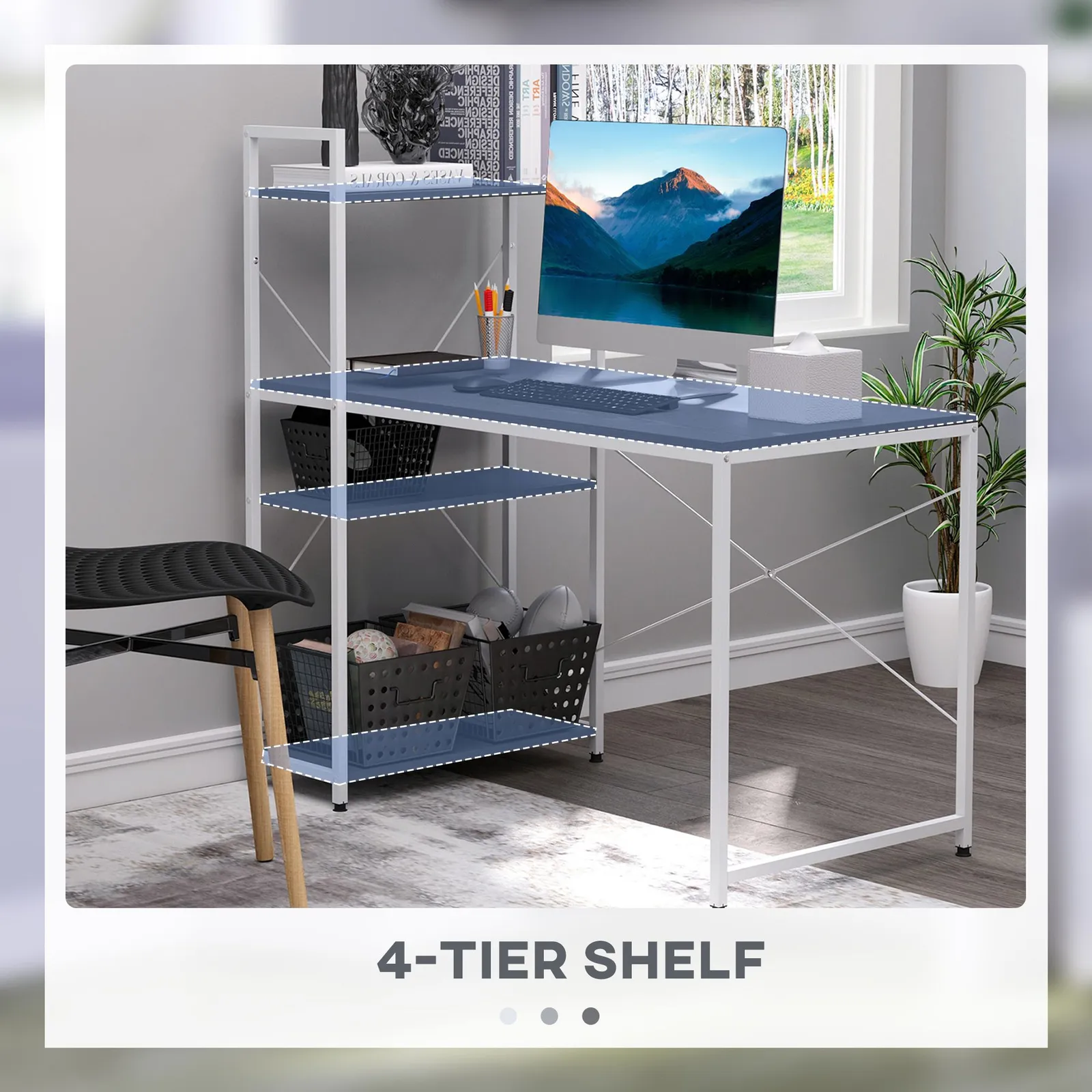 HOMCOM Computer Desk Laptop Table w/4-tier Bookshelf Metal Frame in Black 5
