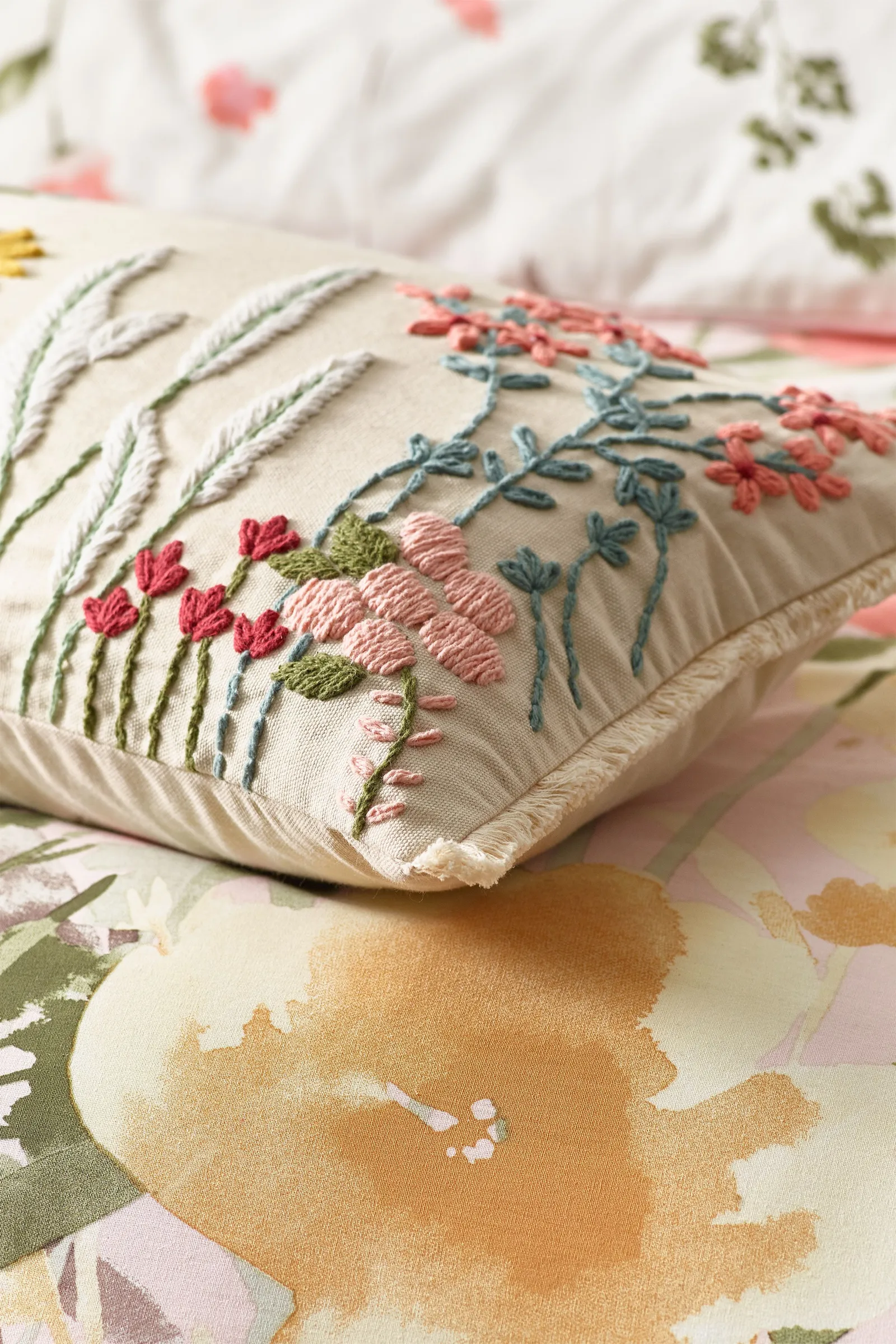 Catherine Lansfield 'Countryside Floral' Embellished Cushion in Natural 2