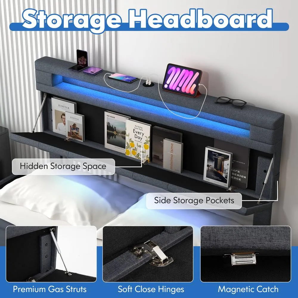 Costway Double Size Bed Frame w/ Led Lights & Charging Station-Grey in Grey 5