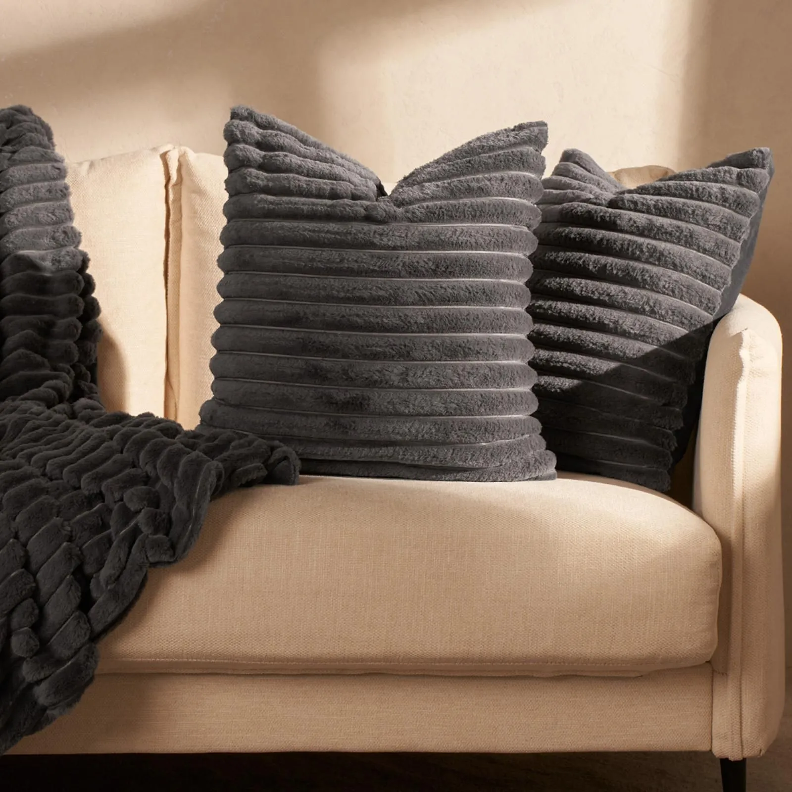 OHS 2 x Faux Fur Thick Rib Cushion Covers in Charcoal
