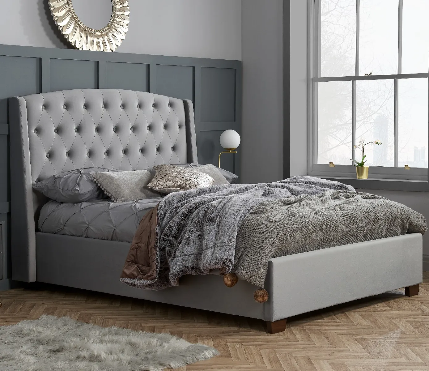 Balmoral Grey Velvet Fabric Winged Bed Frame - 6ft Super King Size