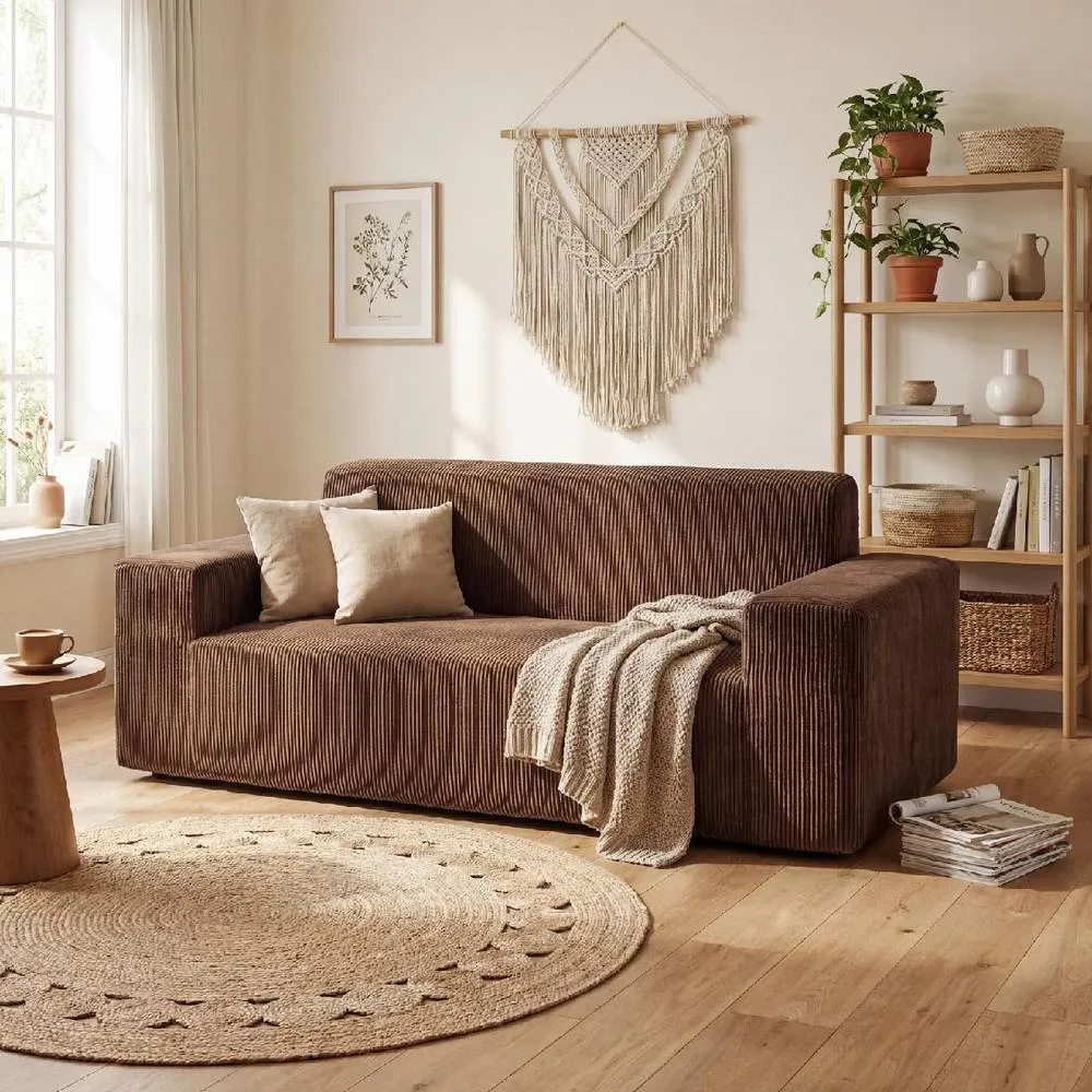 Costway Corduroy 3 Seater Sofa Brown Boneless Couch with High Backrest Deep Seat 3
