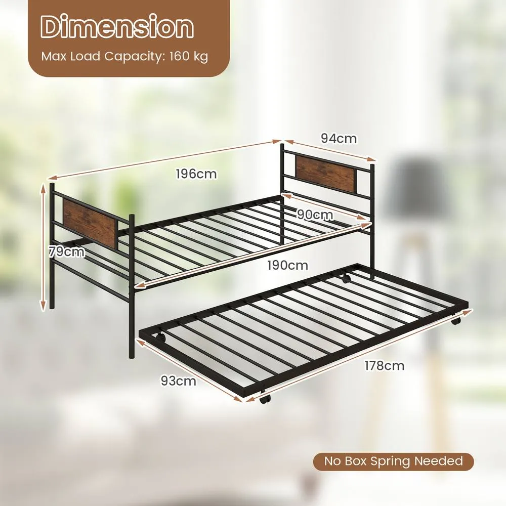 Costway Single Metal Daybed Sofa Bed Dual-use Guest Bed W/ Pull-out Trundle Space Saving in Brown 2
