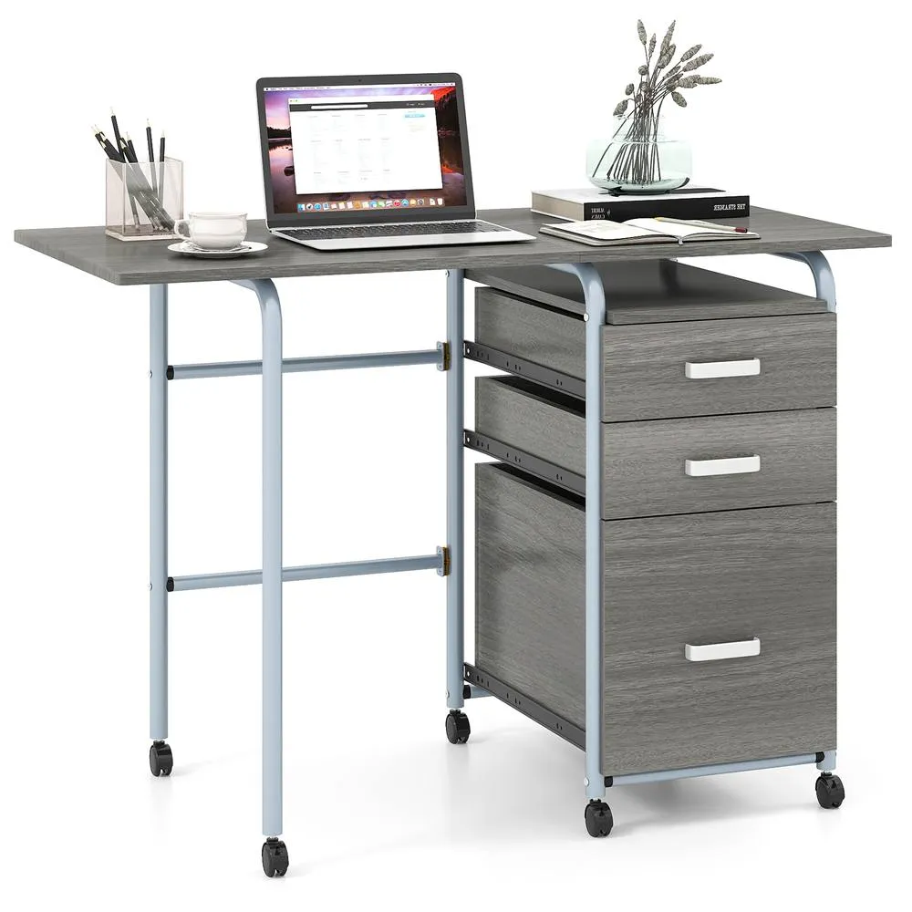Costway Folding Computer Desk Wheeled Home Office Workstation W/ 3 Drawers in Grey 2