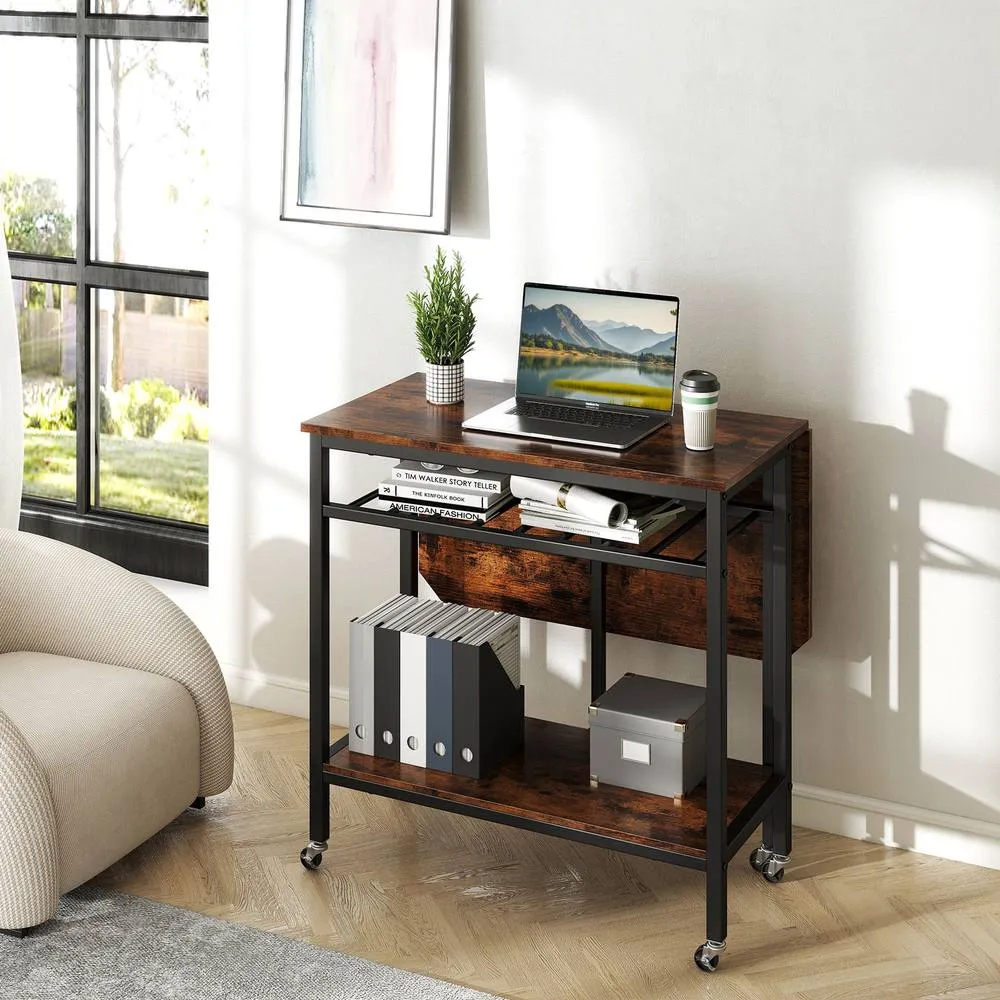 Costway Folding Dining Table Movable Kitchen Table with Wine Rack in Brown 4