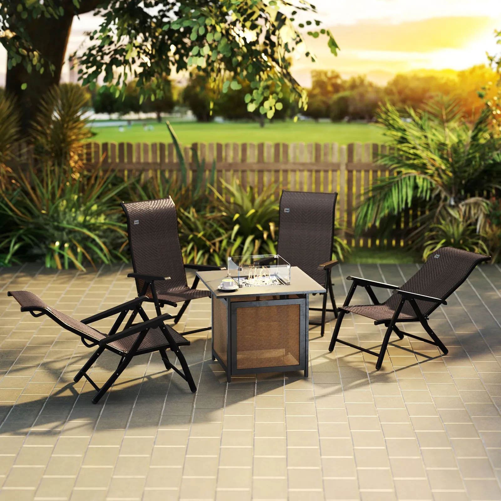OUTSUNNY 4 PCs Outdoor Rattan Folding Chair Set with 7 Levels Adjustable Backrest Dark Brown