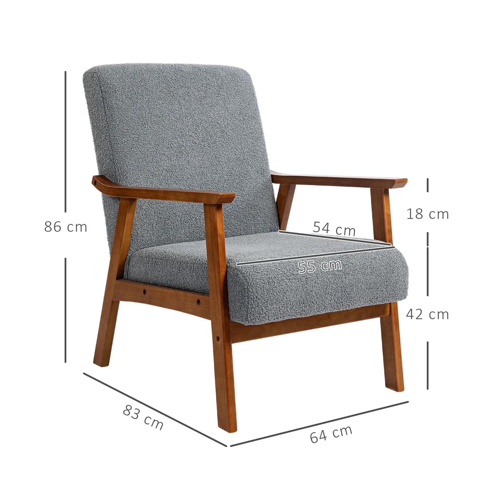 HOMCOM Boucle Accent Chair Armchair W/ Wide Seat for Living Room Bedroom in Grey 3