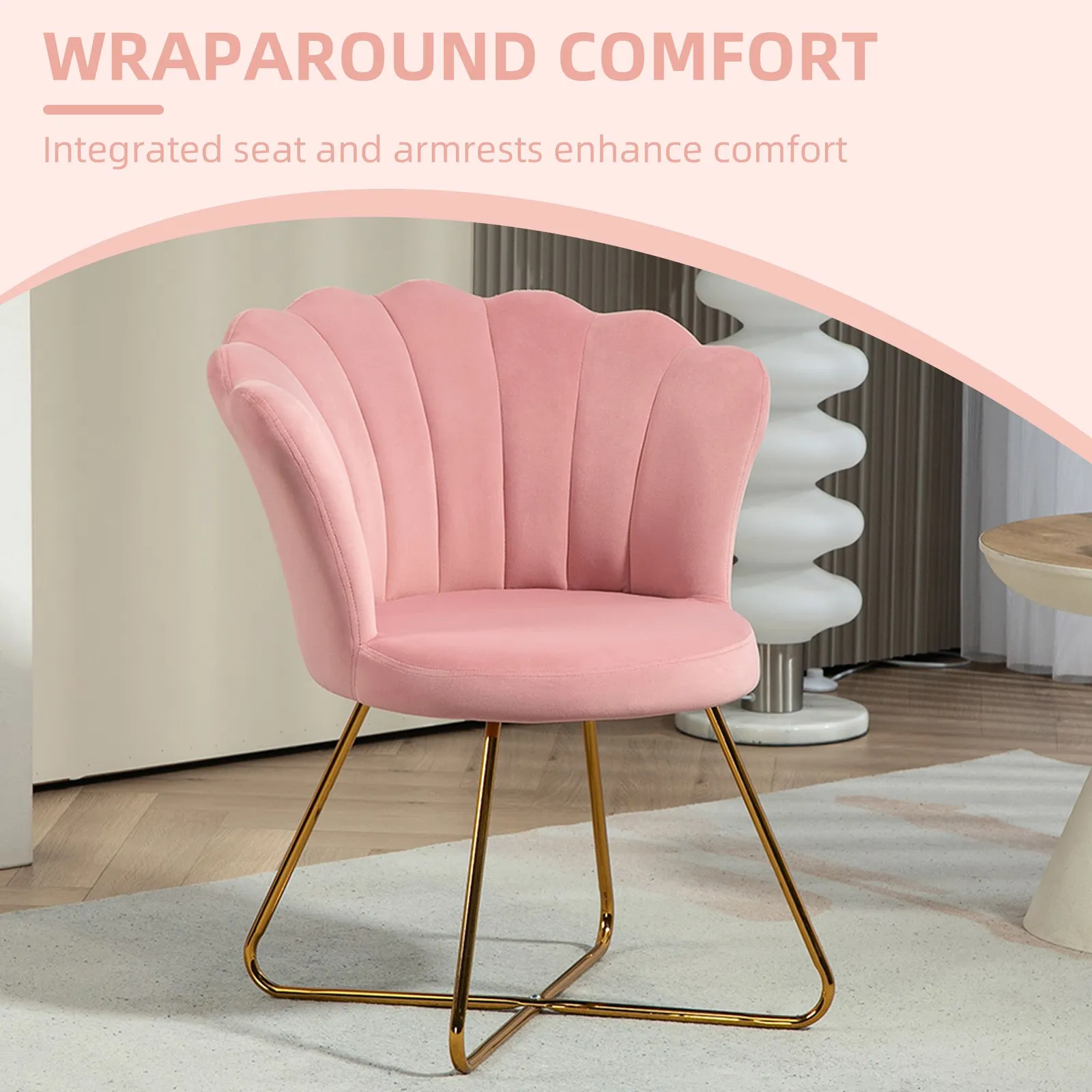 HOMCOM Accent Chair, Velvet Armchair with Lotus Backrest, Steel Legs in Pink 4