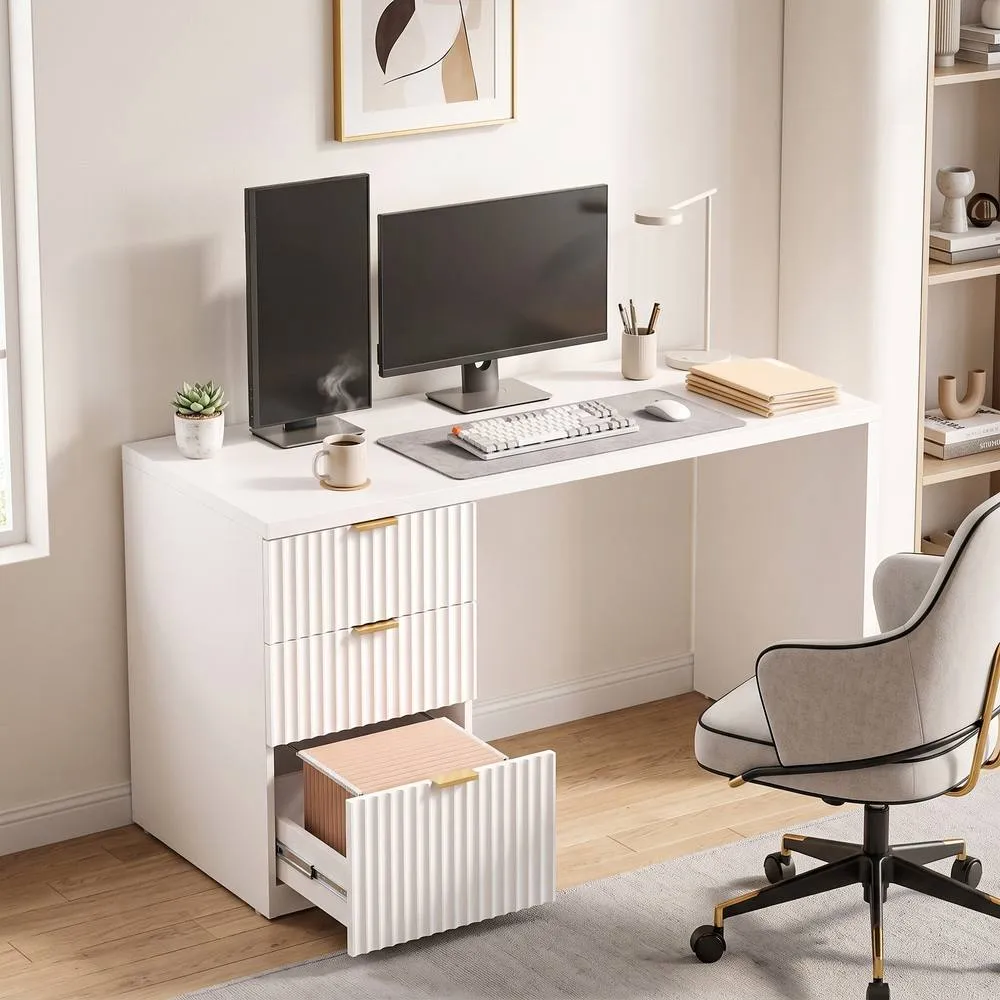 HOMCOM Computer Desk 3 Drawers 120 cm Reversible Design, White 2