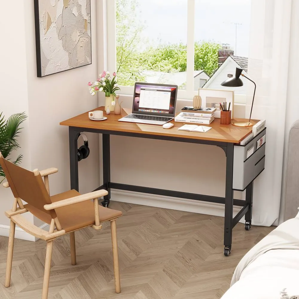 Costway Mobile Computer Desk 120cm Home Office Desk w/ Storage Bag-Teak in Brown