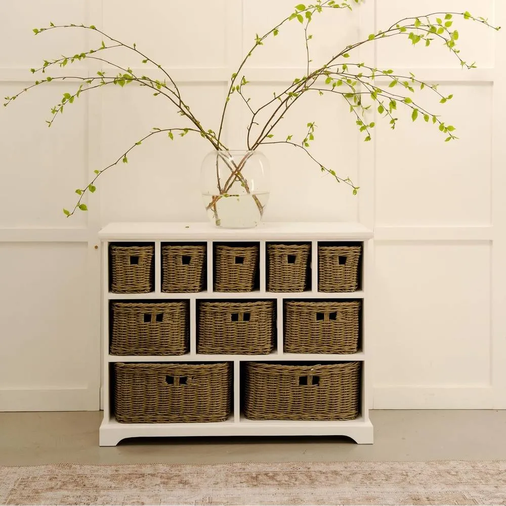Statement Furniture Tetbury 10 Drawer Storage Unit with Brown Faux Wicker Baskets in White