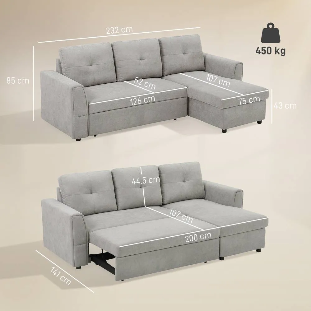 HOMCOM Linen-Look L-Shaped Sofa Bed with Storage Bed Sleeper Flat Studio in Grey 3