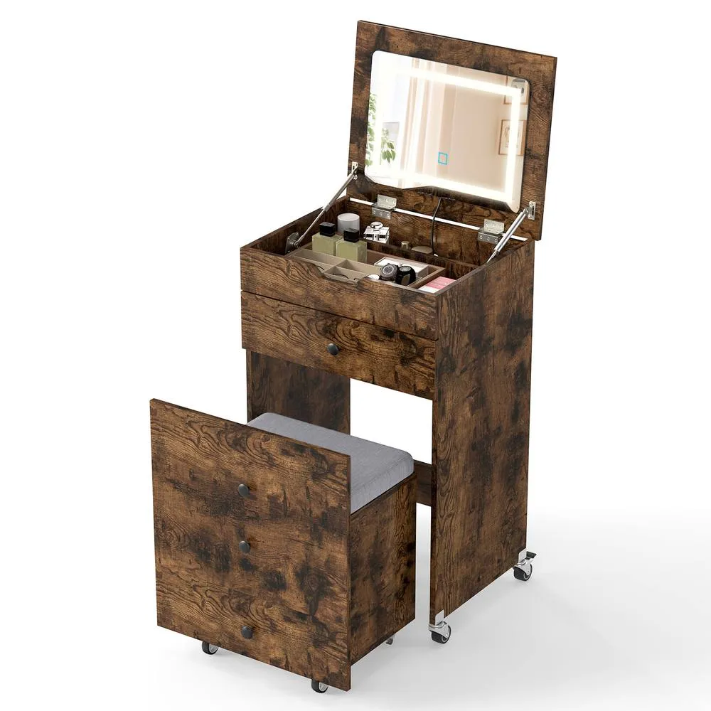 Costway 3-in-1 Vanity Desk Set w/Mirror & Lights Makeup Table w/Drawers &Stool in Brown