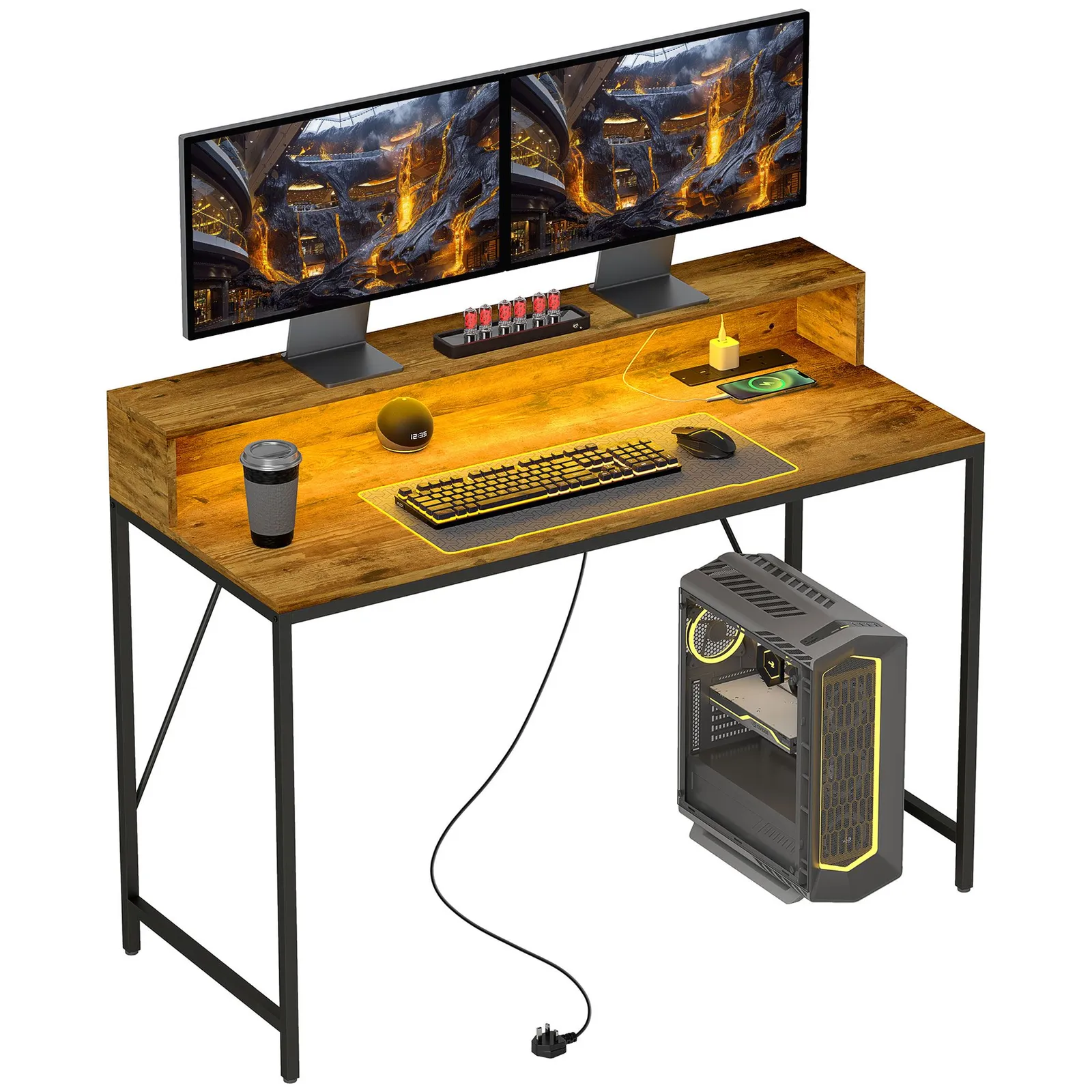 HOMCOM Computer Table with LED Lights, Gaming Desk with Shelf, Rustic Brown 2
