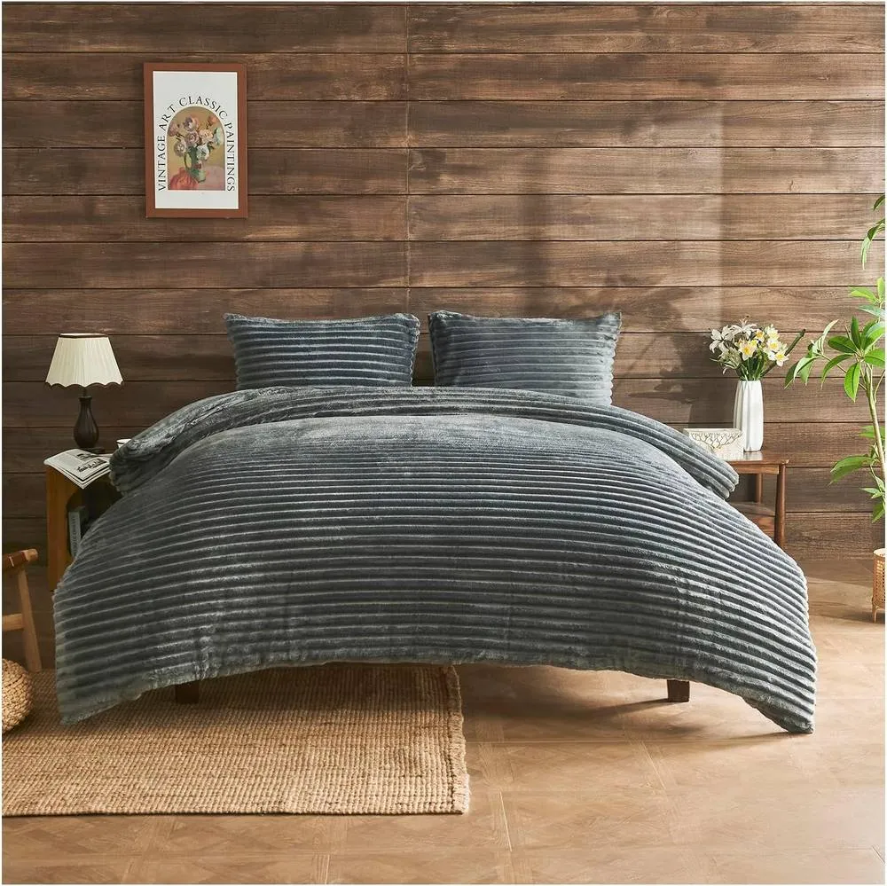 GAVENO CAVAILIA Osum Ribbed Duvet Cover Set in Charcoal