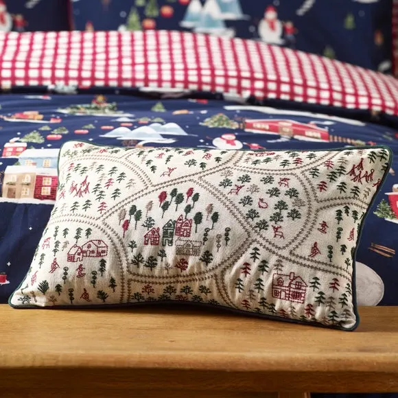 Catherine Lansfield Christmas Ski Village Embroidered Rectangular Cushion