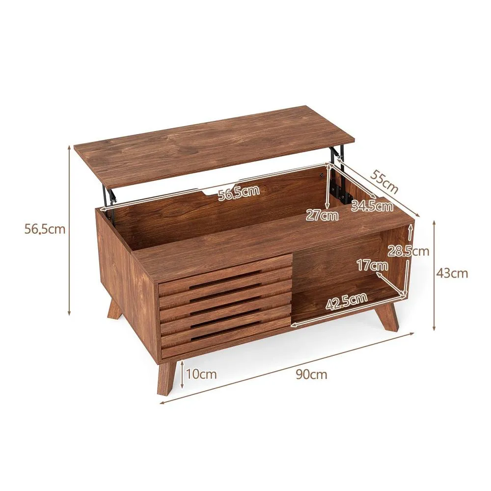 Costway 90 cm Center Table with Slatted Sliding Door & Tapered Legs in Brown 2