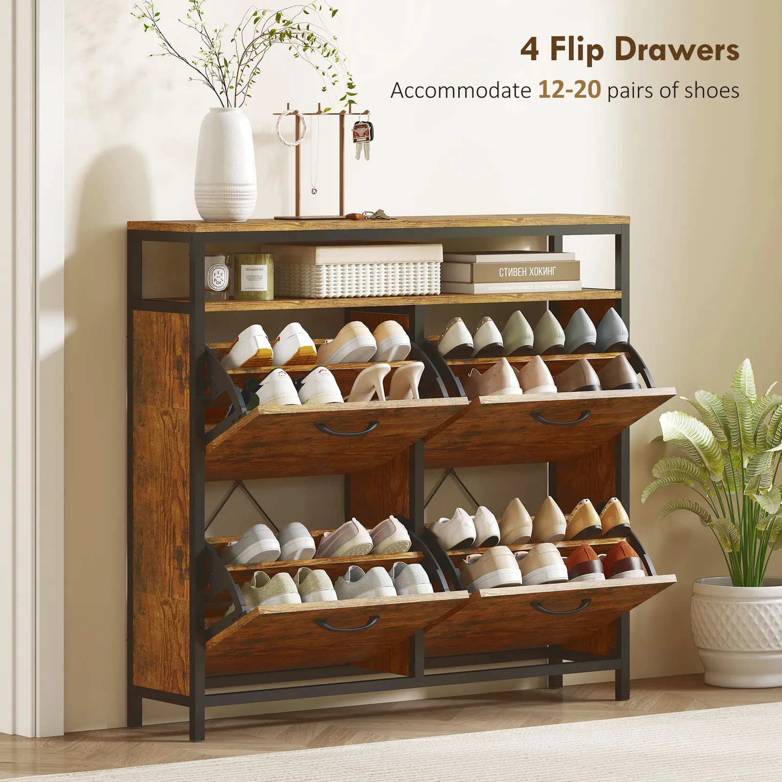 HOMCOM Shoe Cabinet with 4 Flip Drawers, Holds 12-20 Pairs in Brown 4