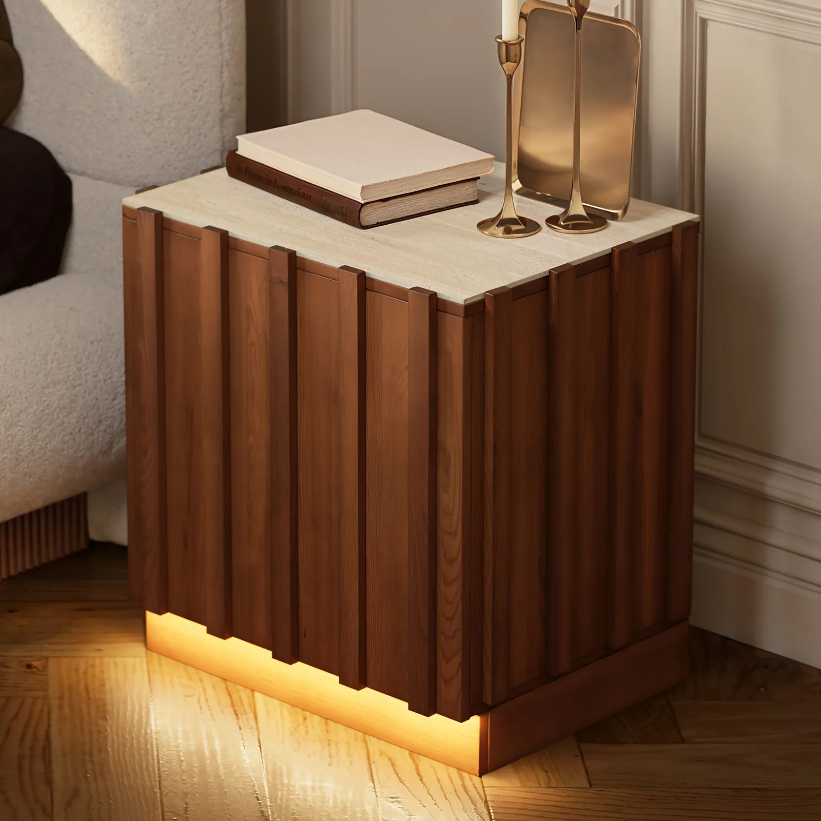 Aura Ash Wood Smart Bedside Table With Charging Station & Light