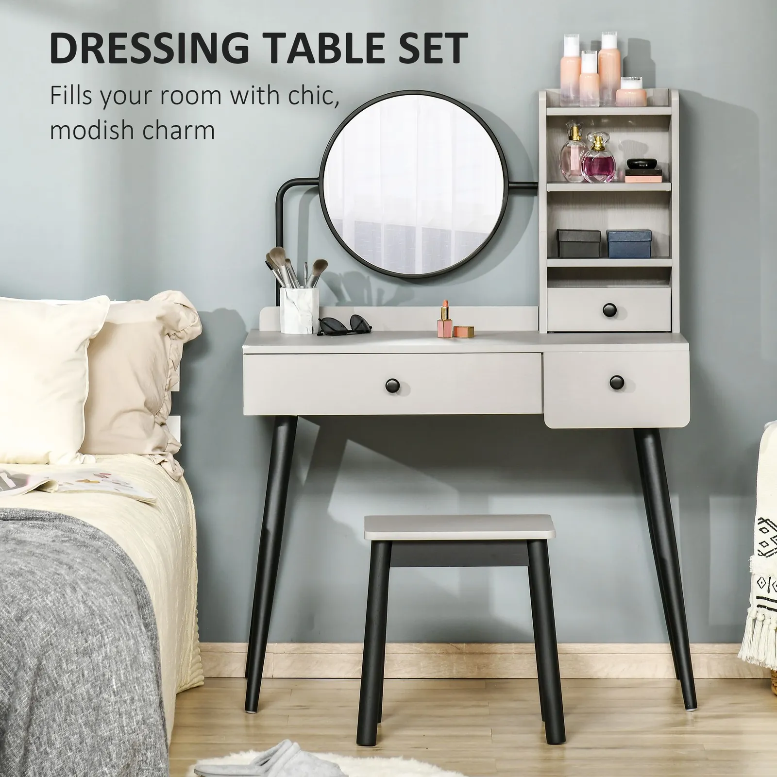 HOMCOM Dressing Table Set with 3 Drawers, Storage shelves & Stool in Grey 6