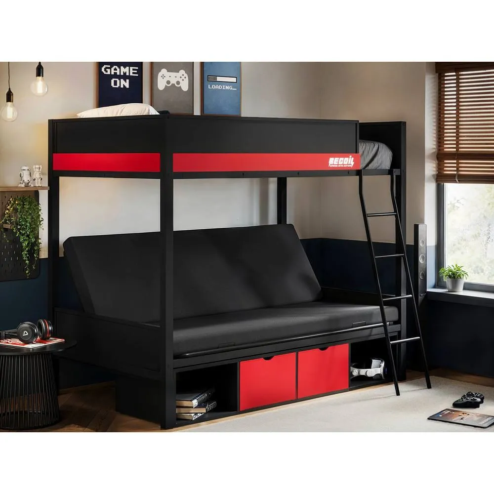 Flair Nova Storage Gaming Metal Bunk with Futon Black & Red