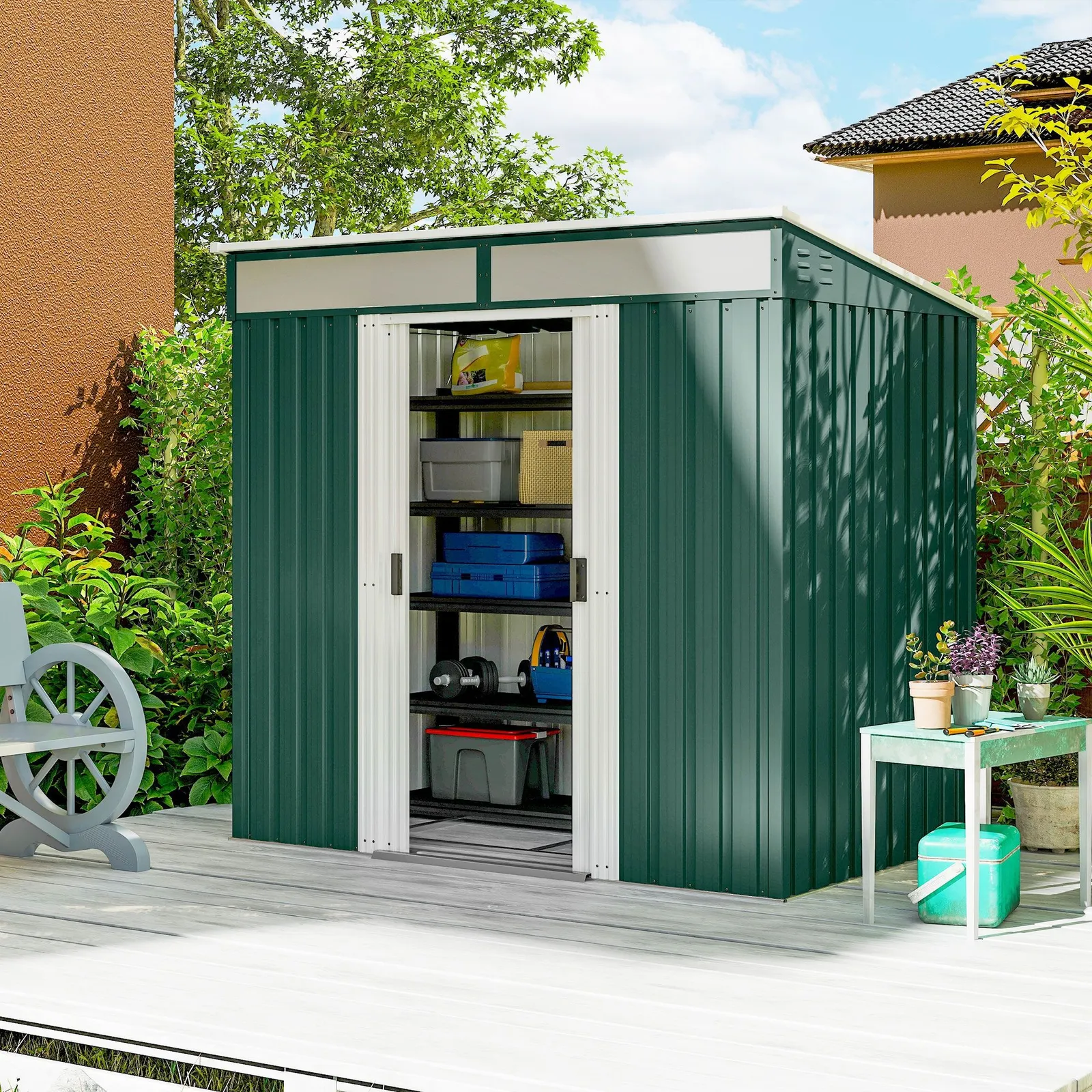 OUTSUNNY 6.5x4FT Garden Shed w/ Foundation Lockable Metal Tool Shed in Green