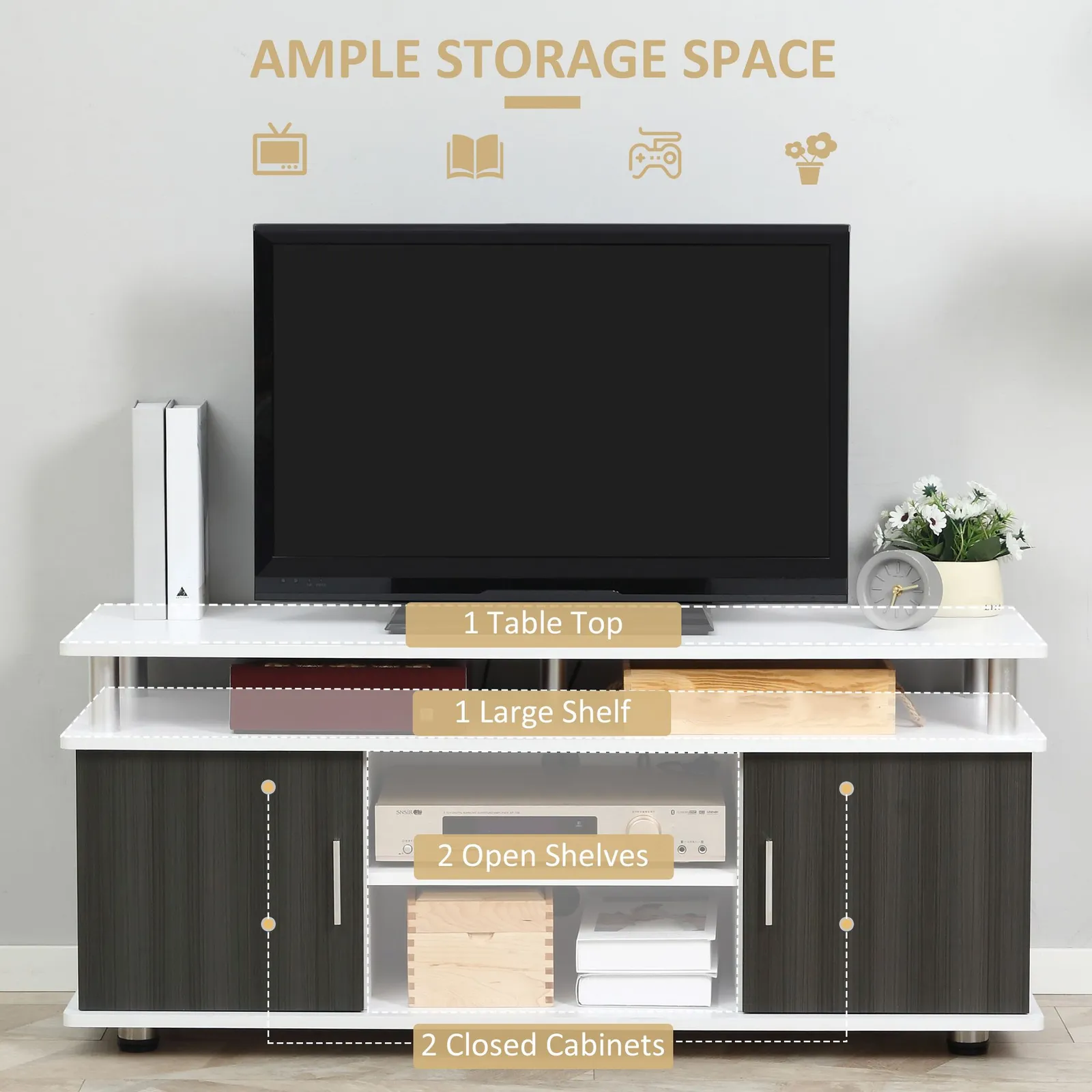 HOMCOM TV Cabinet Stand Entertainment Center Media Console Storage in White 6