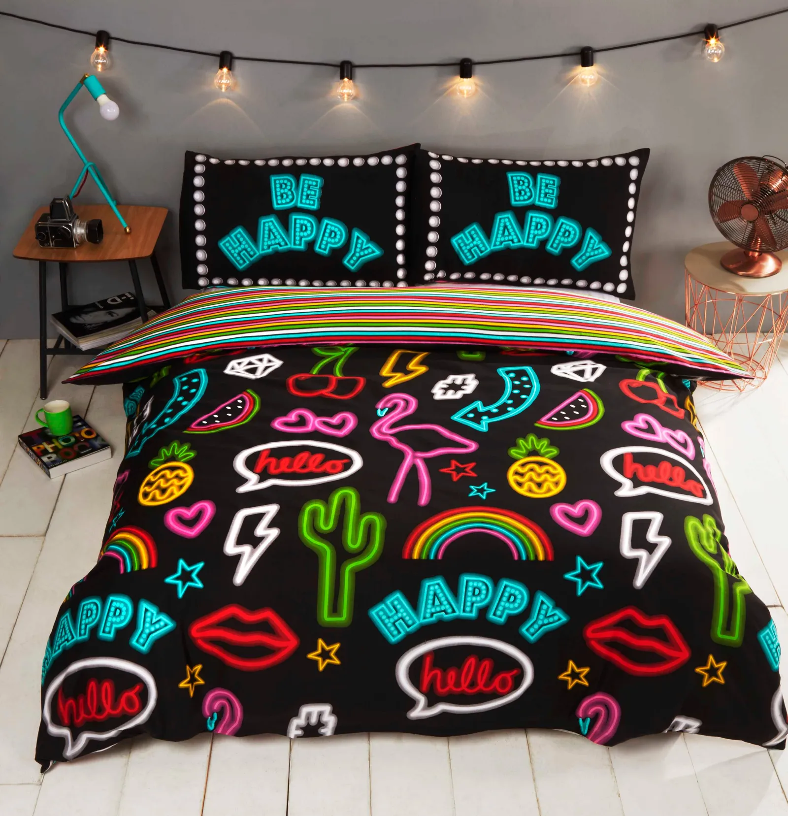 Rapport Home Be Happy Neon Polycotton Duvet Cover Set & Pillowcase in Black