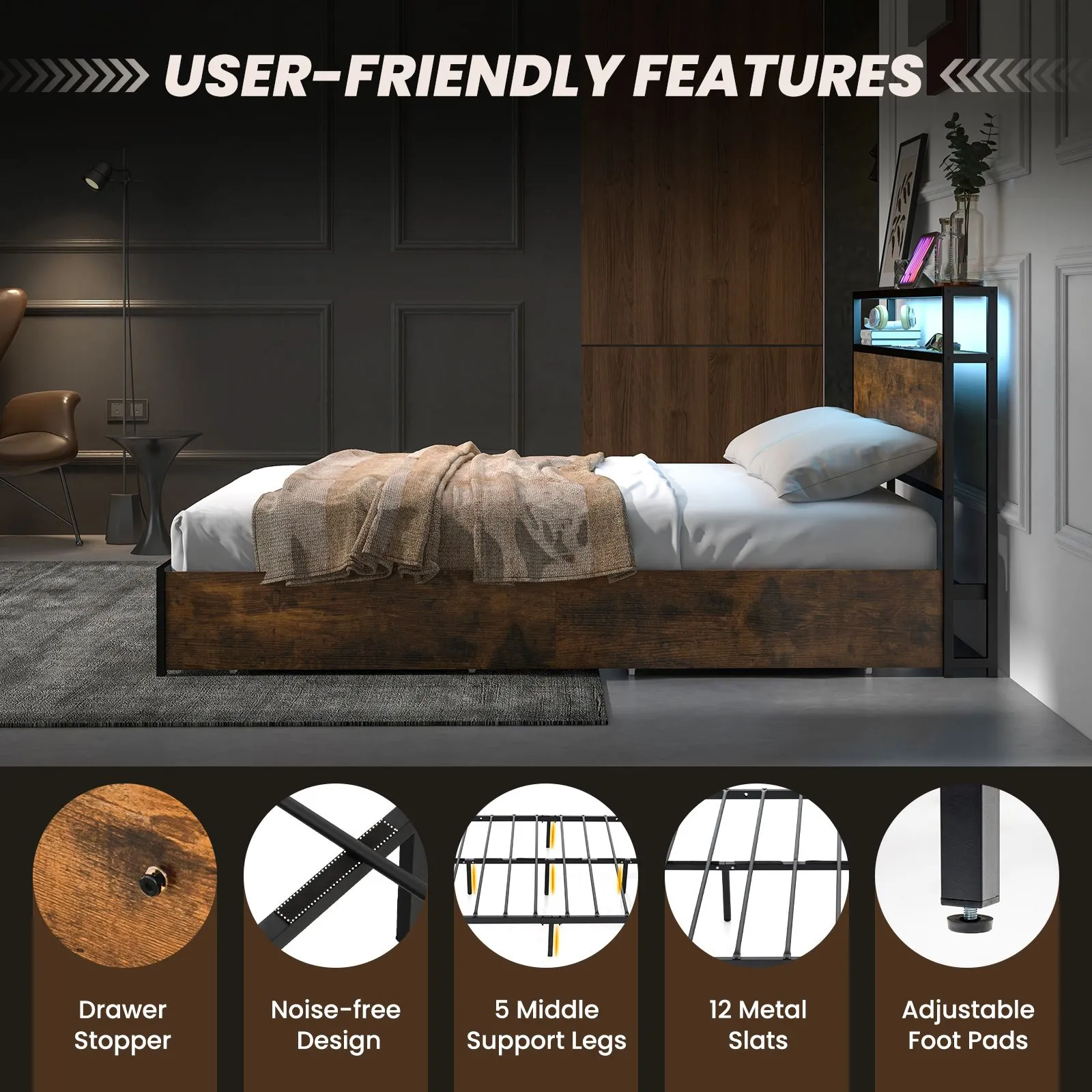 Costway Double Size Bed Frame Metal Bed Platform LED Light Headboard & 4 Storage Drawers in Brown 6