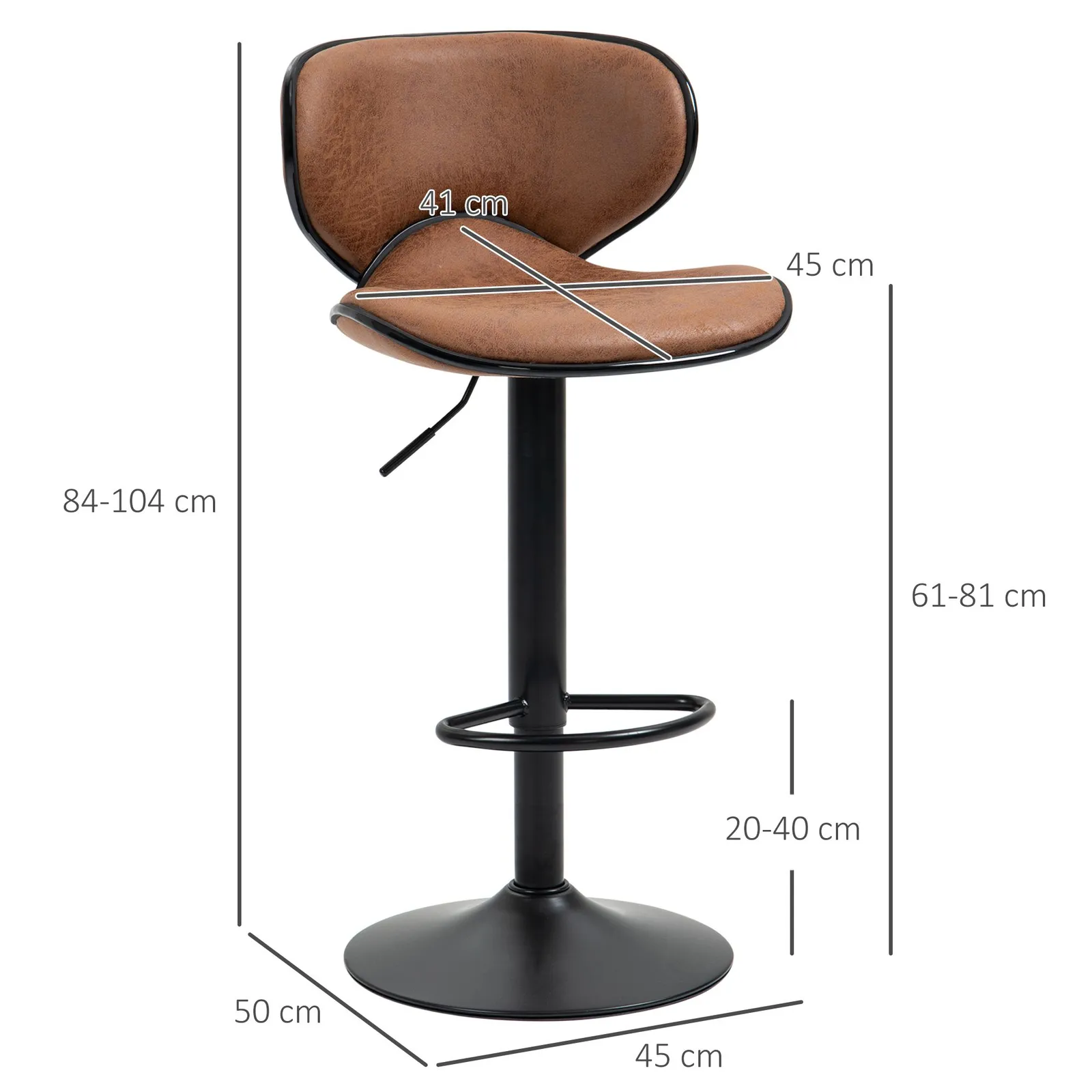 HOMCOM Bar Stool Set of 2 Faux Leather Adjustable Height Armless Chairs in Brown 3