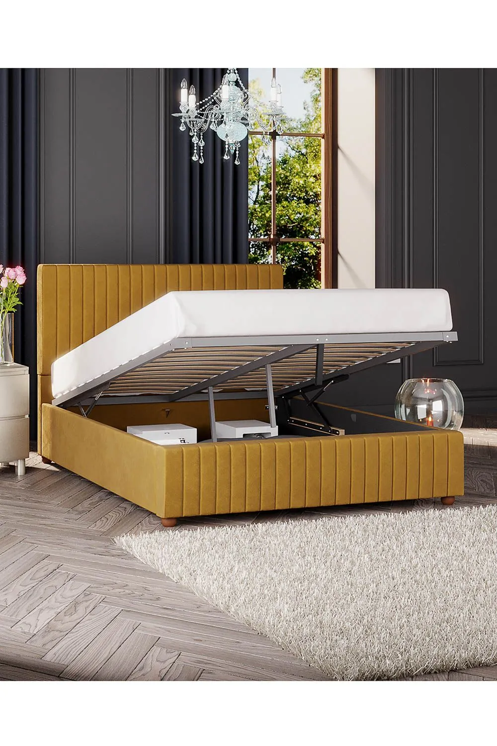 Laurence Llewelyn-Bowen Estella Ottoman Storage Bed in Plush Velvet Fabric, Custom Made in Mustard 4