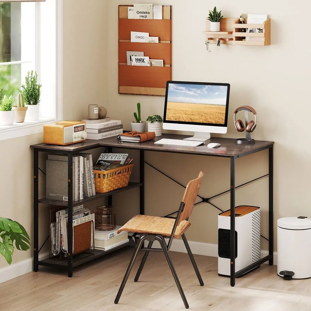 Costway L-shaped Computer Desk w/Power Outlet Workstation w/Reversible Shelves in Grey 2