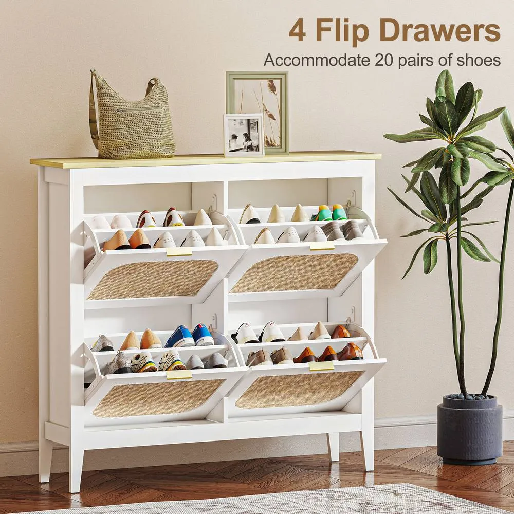 HOMCOM Boho Slim Shoe Cabinet with Rattan Doors, Holds 20 Pairs, White 6