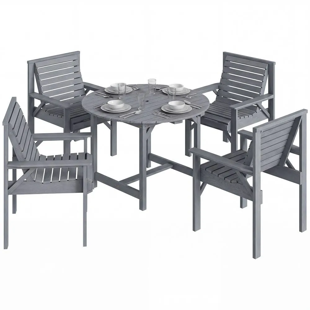 OUTSUNNY Garden Dining Set, Round Table & Chairs w/ Parasol Hole in Grey 2