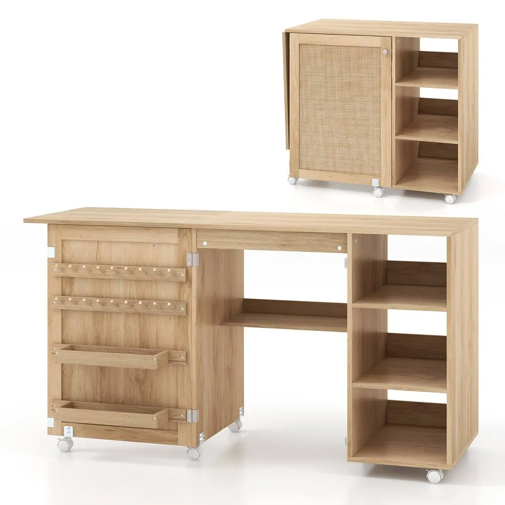 Costway Folding Sewing Table Sewing Machine Craft Station w/18 Pegs&2 Bins in Natural