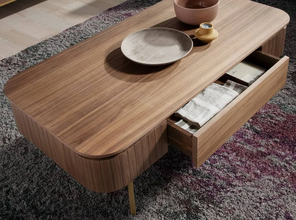 Angel Cerda Walnut Veneer Rectangular Coffee Table with Gold Legs in Brown 5