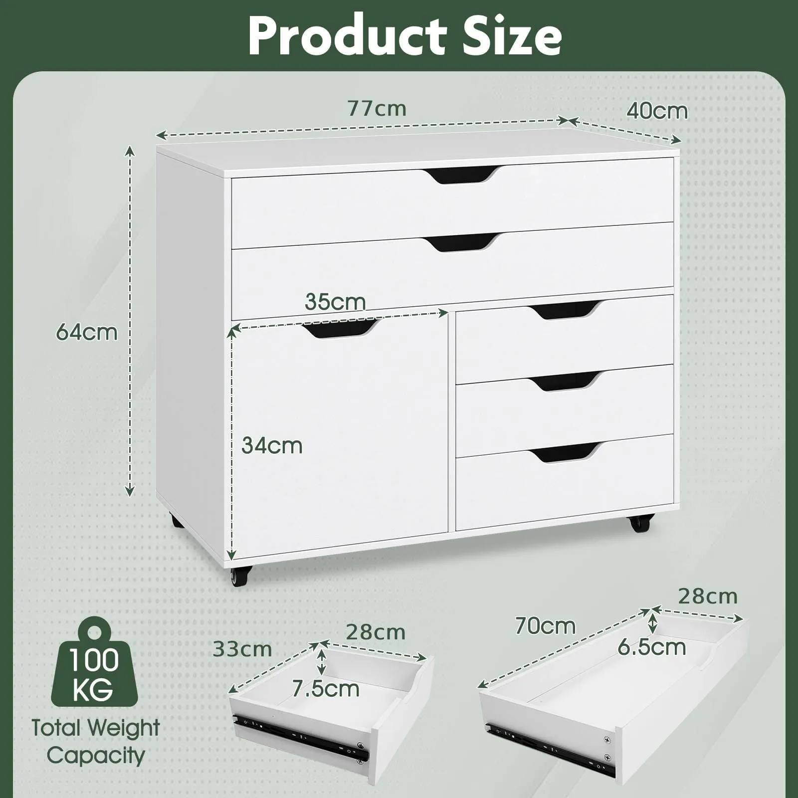 Costway 5-Drawer Chest Mobile Chest of Drawers with 5 Casters & Door-White in White 2
